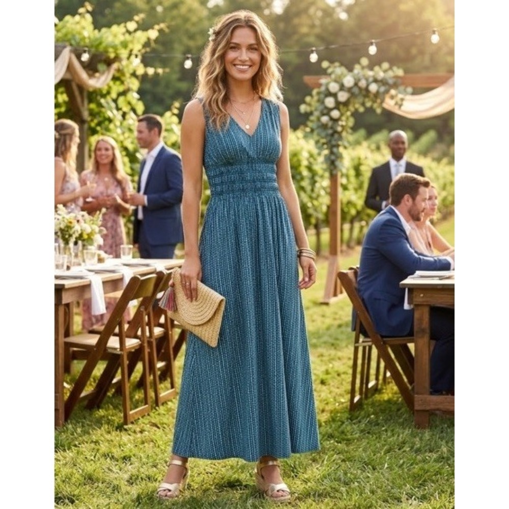 Daisy Fuentes Babydoll Maxi Dress Medium Blue Boho Smocking Beachy Party